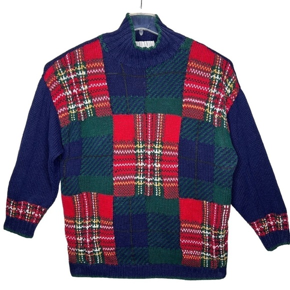 VTG Limited Oversized Hand Knit Color Block High Neck Sweater Size S Patchwork - Picture 1 of 15